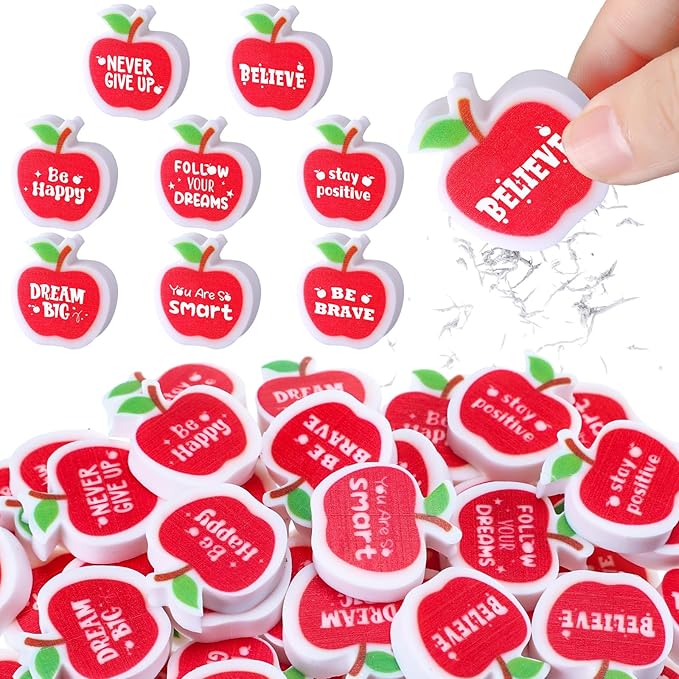50 Pcs Erasers Bulk Inspirational Apple Erasers Cute Mini Motivational Gifts for Prizes Homework Rewards Supplies Office Supplies