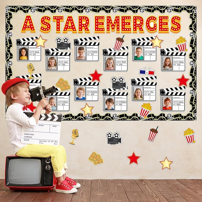 Movie Night Bulletin Board Set Awards Ceremony Classroom Decorations Movie Star DIY Photo Name Crafts Paper Cutouts A Star Emerges Bulletin Board Borders for Back to School Classroom Wall Door Decor
