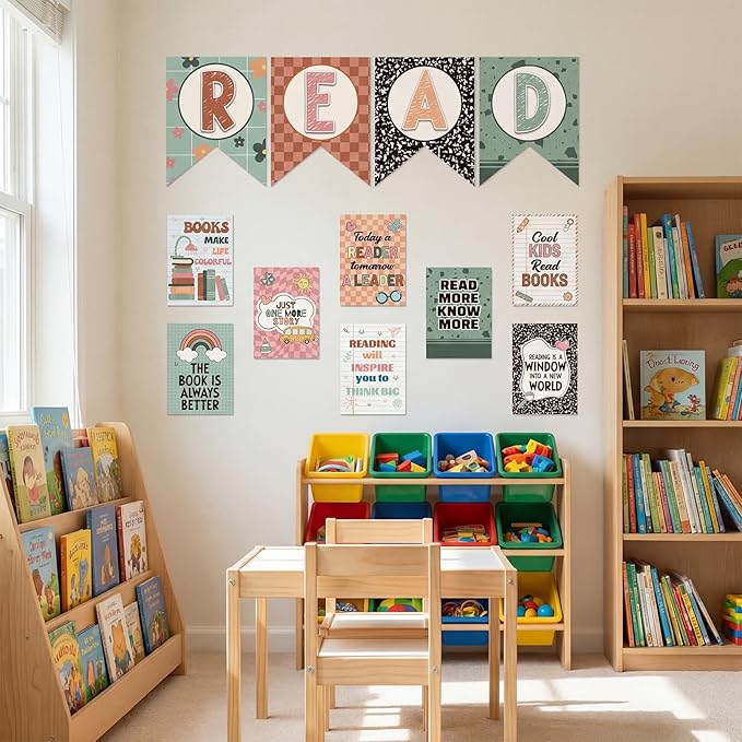 Reading Classroom Decorations Library Posters Bulletin Board Sets for Elementary Classroom Pennants Decor for Back to School Nursery Library Teacher Supplies (Classic Colors)