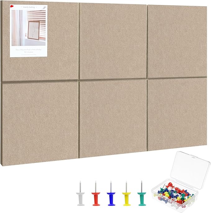 Large Cork Board 36" x 24", 6 Pack Felt Bulletin Board with 30 Pushpins, Cork Boards Alternative with Self-Adhesive Strips, Felt Wall Tiles Pin Boards for Walls Office Home School Decor-Tan