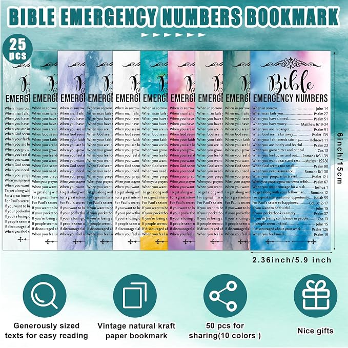 Sinload 25 Set Christian Gift Bulk Bible Emergency Numbers Bookmark with Silicone Keychains Scripture Quote Pen Religious Study Supplies for Father Day Church Bible Study Group (Watercolor)