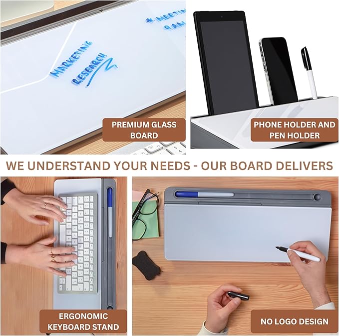 GAROOD Desktop Dry Erase Board with Storage (Grey Base) Desk Desk Board Glass Desktop White Board with Stand Home Office Organizer Phone Holder 15.8X7X2 inches