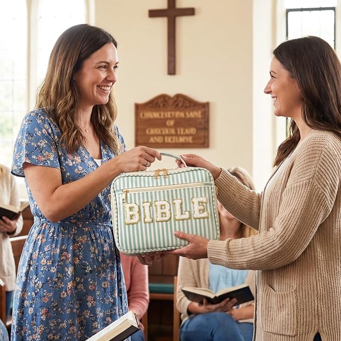 Dansydaisy Bible Cover Case for Women Large Chenille Letter Stripe Church Bible Bag with Shoulder Strap for Women (Sage Green)