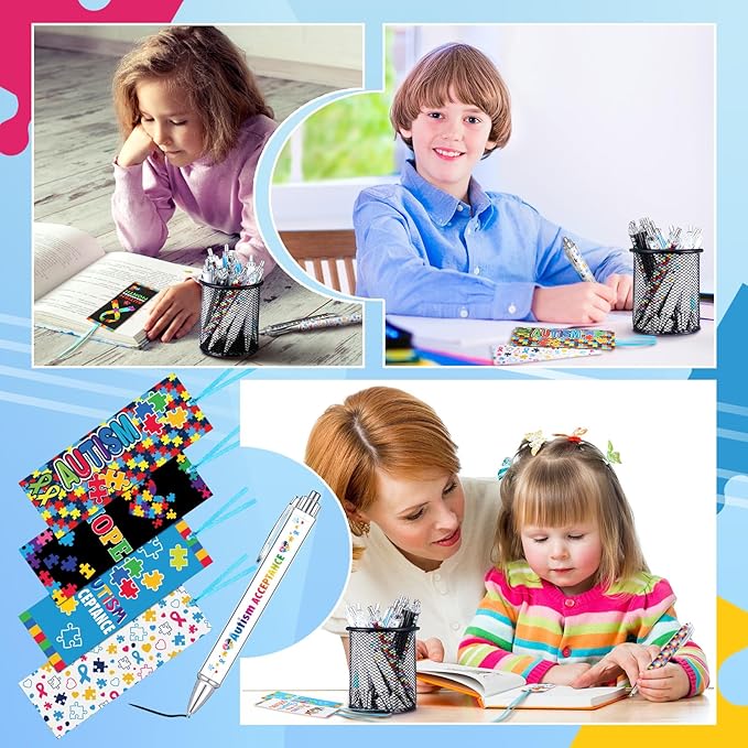 Motiskyy 48 Pcs Autism Awareness Pens and Bookmarks Bulk Breast Cancer Mental Health Accessories Colorful Autism Awareness Stuff for Social Charity Public Event Education Supplies Motivational Gifts