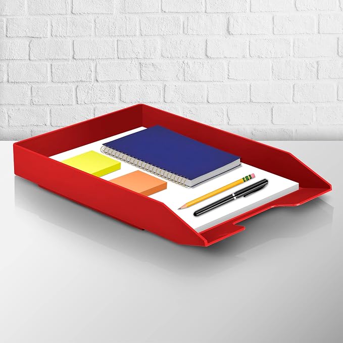 Acrimet Stackable Letter Tray Front Load, Letter Size, Stacking Document Desk Office Paper Organizer, Plastic, Solid Red Color, 1 Unit