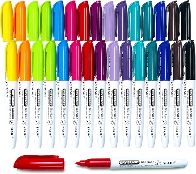 SFAIH Dry Erase Markers Fine tip 15 Colors, 30 Pack - Low Odor Whiteboard Markers for Office Teams, Study Groups, Home Schooling, Paper Markers for Kids | 5 Sizes:12/15/24/30/48/72/144 Packs