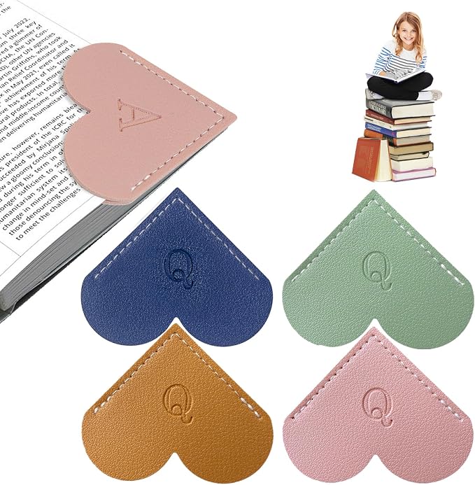 4Pcs Personalized Leather Heart Bookmark With Initial, 26 Letters Custom Corner Page Book Mark For Reading Women, Book Lovers, Teachers, Students, Cute Book Accessories(Blue+Green+Light Brown+Pink, Q)