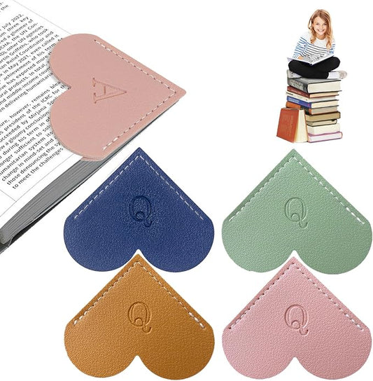 4Pcs Personalized Leather Heart Bookmark With Initial, 26 Letters Custom Corner Page Book Mark For Reading Women, Book Lovers, Teachers, Students, Cute Book Accessories(Blue+Green+Light Brown+Pink, Q)