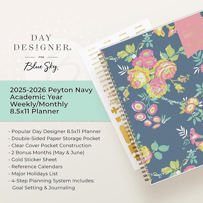 Blue Sky Day Designer 2025-2026 Weekly and Monthly Academic Year Planner Calendar, July 2025 - June 2026, 8.5" x 11", Flexible Cover, Laminated Tabs, Storage Pocket, Includes Stickers, Peyton Navy