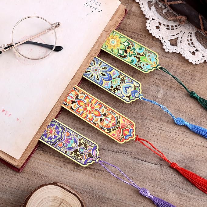 4 PCS Metal Bookmarks with Tassel, Golden Hollow Flower Bookmark Vintage Floral Mandala Theme Book Mark for Women Girls Book Lovers Writers Readers Teens Men