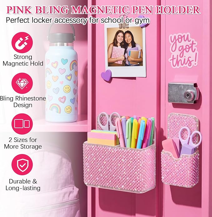 MotiMind 2 Pcs Pink Bling Magnetic Marker Holder Women Girl Locker Accessories Marker Pen Pencil Holder for Refrigerator Whiteboard Sparkly Gift Desk Organizer for School Office (Pearl)