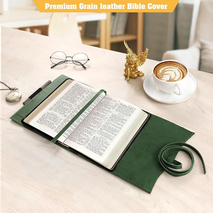 Jack&Chris Leather Bible Cover, Leather Book Cover for Men and Women, Bible Holder Strap Bible Cover Gifts, Green Medium