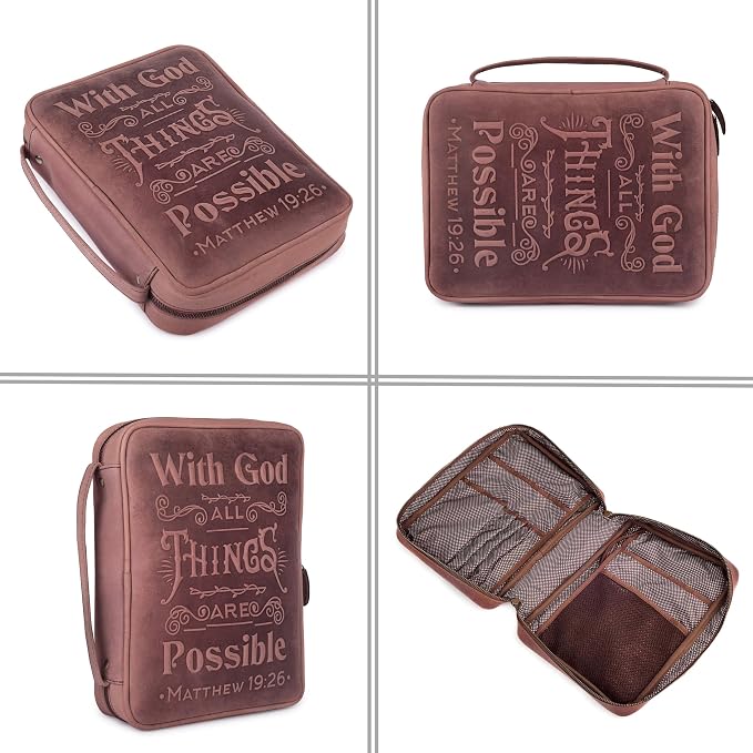 LEATHER VILLAGE Handmade Vintage Genuine Leather Embossed Bible Cover for Men & Women, Large Protective Bible Case & Organizer for Church, Travel & Study Christian Religious Antique Bookmark - Fuchsia
