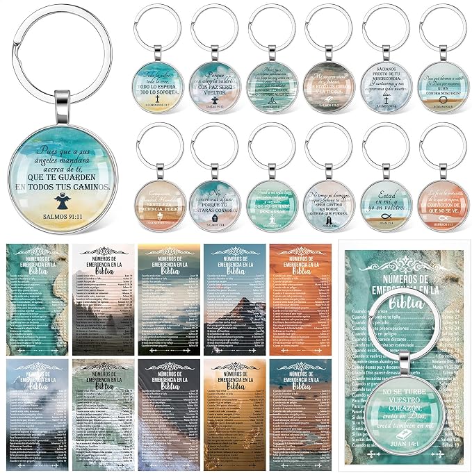 Junkin 25 Set Fathers Day Church Gifts Spanish Christian Gifts Bulk for Men Bible Verse Keychain Religious Bible Emergency Numbers Bookmark Christian Party Favor Women Men(Landscape)