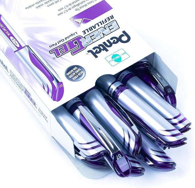 Pentel ENER-GEL Deluxe Liquid Gel Pen, Medium Line, Metal Tip, Violet Ink, Box of 12 (BL57-V)