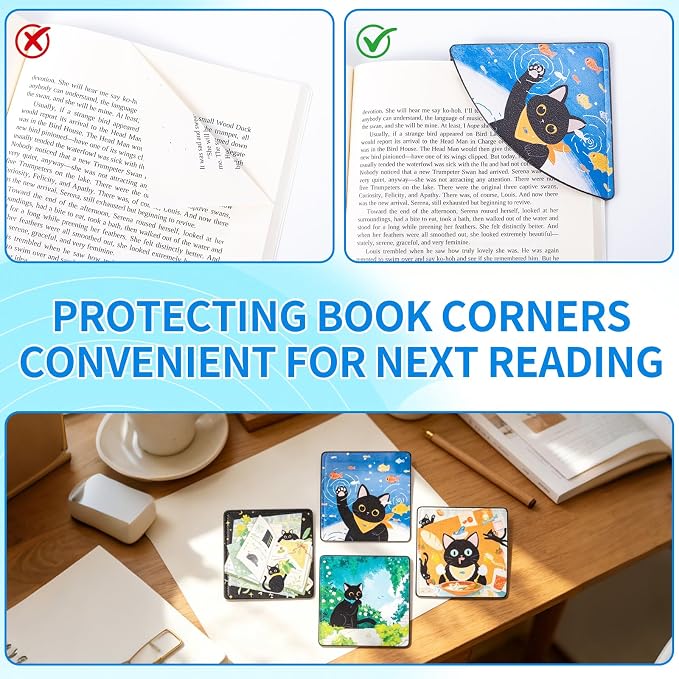4Pack Bookmarks Cute Black Cat Themed Corner Page Markers Rural Style Artificial Leather Book Page Holders for Reading,Teachers Students Book School Office Accessories