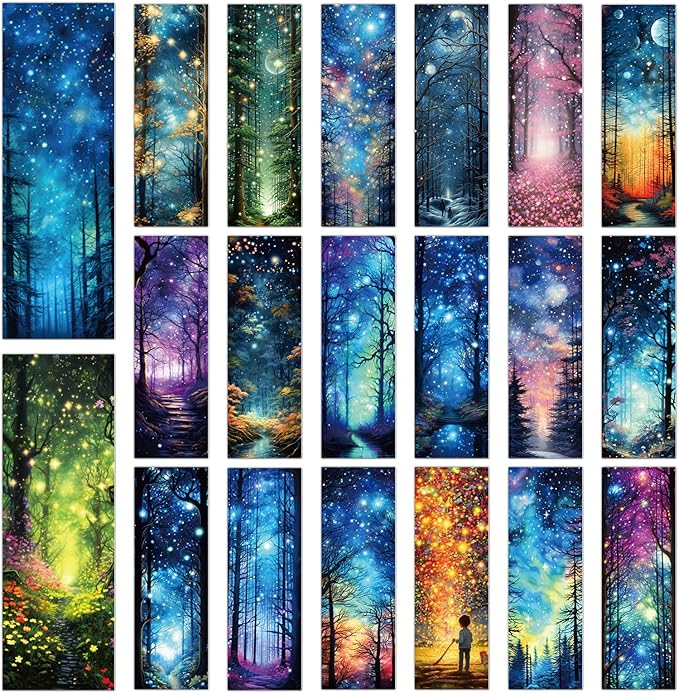 Fantasy Starry Night Forest Bookmarks - Cosmisun 100 Pcs Starry Night Sky Bookmark Paper Moon Space Book Marks Page Marker Clip Gifts for Women Men Boys Book Lovers Students Teachers Bookish Reading
