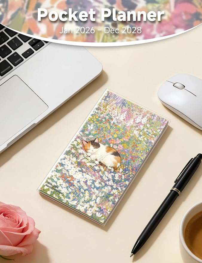 Pocket Calendar 2026-2028 Animal Series, Monthly Planner Jan 2026 to Jul 2028 (3.7" x 6.7") Perfect Purse Calendar, Pocket Agenda with Protective Plastic Sleeve- Napping Cat