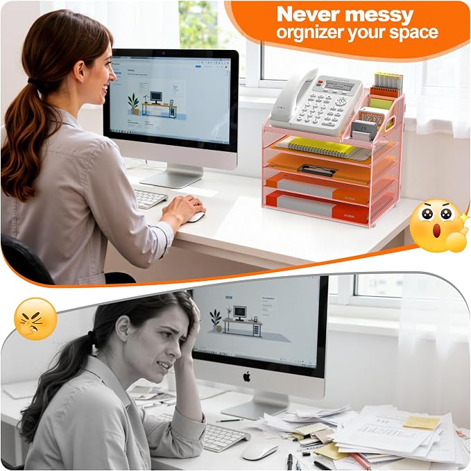 DocNest 5 Tier Metal Mesh Letter Tray - Space Saving Desk File Organizer with Handle, Pen Holder & Folder Holder - Desktop Document Sorter for Office, Home, School, Classroom - Pink