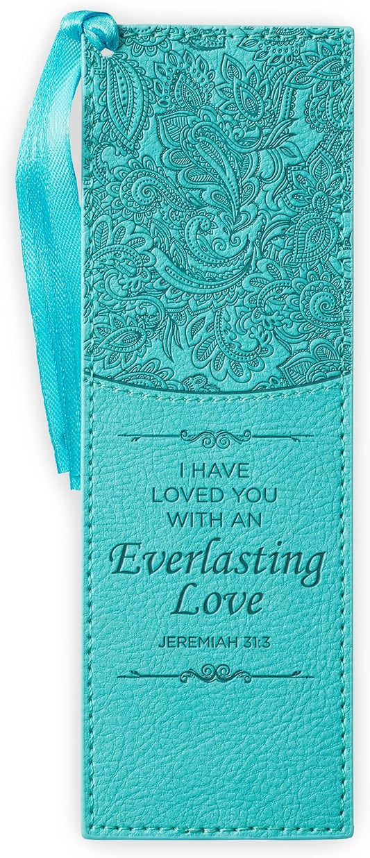 Christian Art Gifts Premium Vegan Leather Scripture Bookmark for Men & Women: Everlasting Love - Jeremiah 31:3 Inspirational Bible Verse, Heat-Debossed, Faith-Based Reading Accessory w/Tassel, Teal