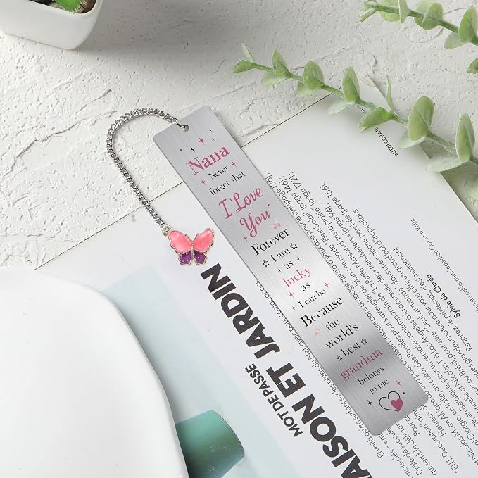 Nana Gifts Metal Bookmark and Pen Set, Nana Birthday Gift Book Mark with Butterfly Pendant, Page Marker Clip Reading Gift for Grandmother Mothers Day Retirement Grandma Gifts