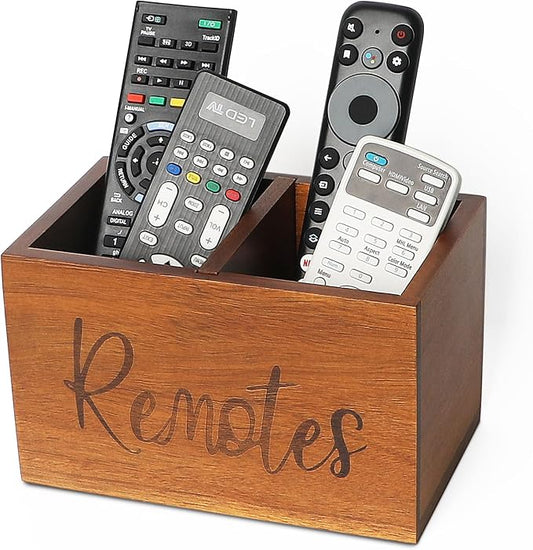 Remote Control Holder, Wooden TV Remote Holder for Table, Remote Organizer Caddy for Home Decor, Remote Box for Nightstand, Brown Labeled "Remote", 2 Slot - 7.3 Inch