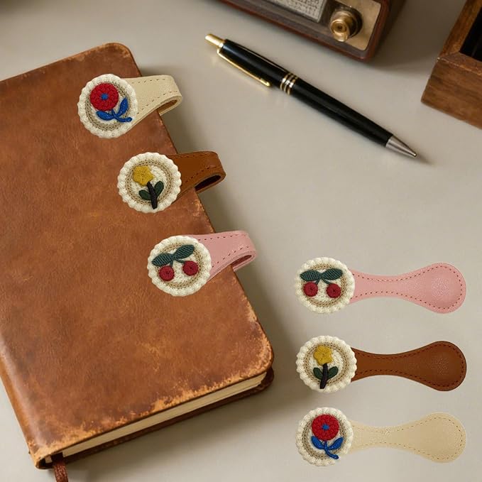 3Pcs Magnetic Leather Bookmark Set, Embroidery Magnetic Bookmarks Clips for Book Lovers Reading, Book Accessories(Flowers)