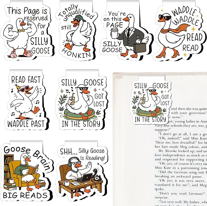 Funny Goose Magnetic Bookmark - 8 Pcs Silly Meme Book Mark Magnets Gifts for Reading Women Cute Cartoon Animal Page Marker Clip for Book Lovers Bookish Student Teacher School Supplies