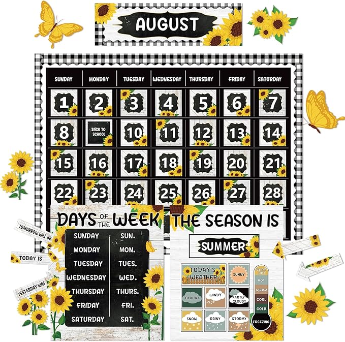 Sunflower Calendar Bulletin Board Set for Classroom Decoration Sunflower Calendar Seasons Weather Chart Summer Flower CTP Bulletin Board Paper-Cuts for Teachers Elementary School Classroom