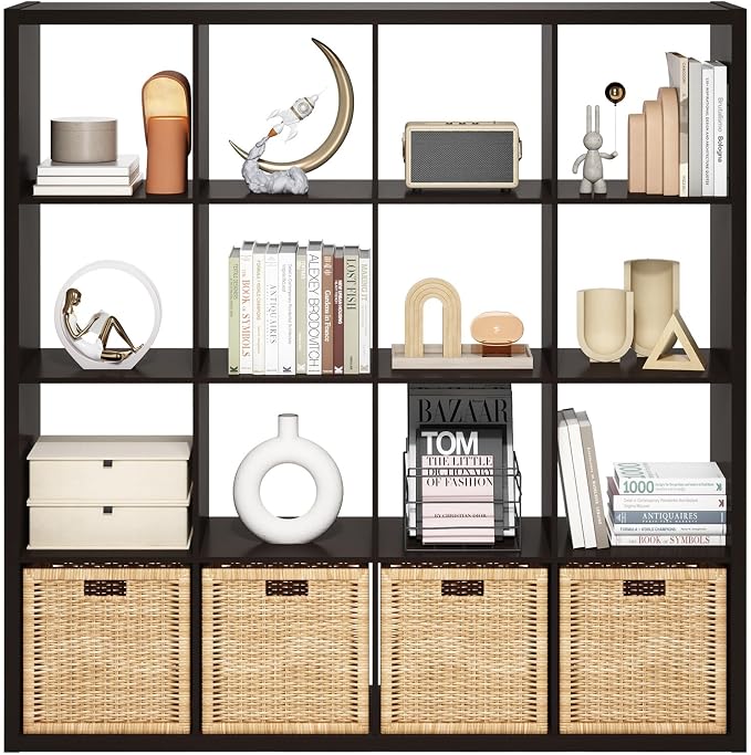 Furinno Cubicle Book Shelf, 16-Cube Bookshelf, Extra Thick Frame Reversible Bookcase with Open Back, 14.6" x 58" x 58", for Living Room, Bedroom, Home Office, Black Dark Oak