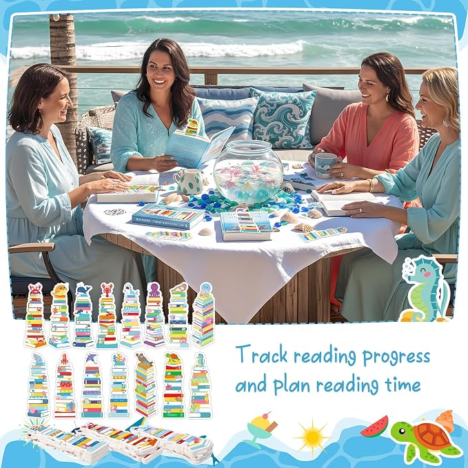 Kolldenn 150 Pcs Book Tracker Bookmarks Bulk 6.3 x 1.97 Inch Bookshelf Love to Read Bookmarks Paper Tracking Double Sided Reading Page Markers for Back to School Reading Lover(Summer Ocean)