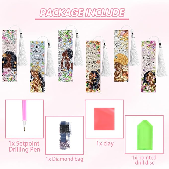 Diamond Art Bookmarks for Women, 6 Pcs Black Girl Book Club Diamond Painting Bookmark Kit with Tassels, DIY Book Marks Making Kits for Reading, Small Craft Gifts for Adults Begginers Readers