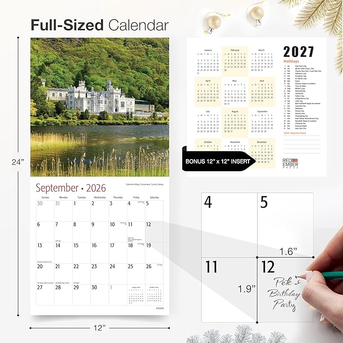 RED EMBER Select - Ireland 2026 Wall Calendar 12 Month | 12" x 24" Open | Thick & Sturdy Paper | Giftable | Irish Europe Travel Calendar 2026