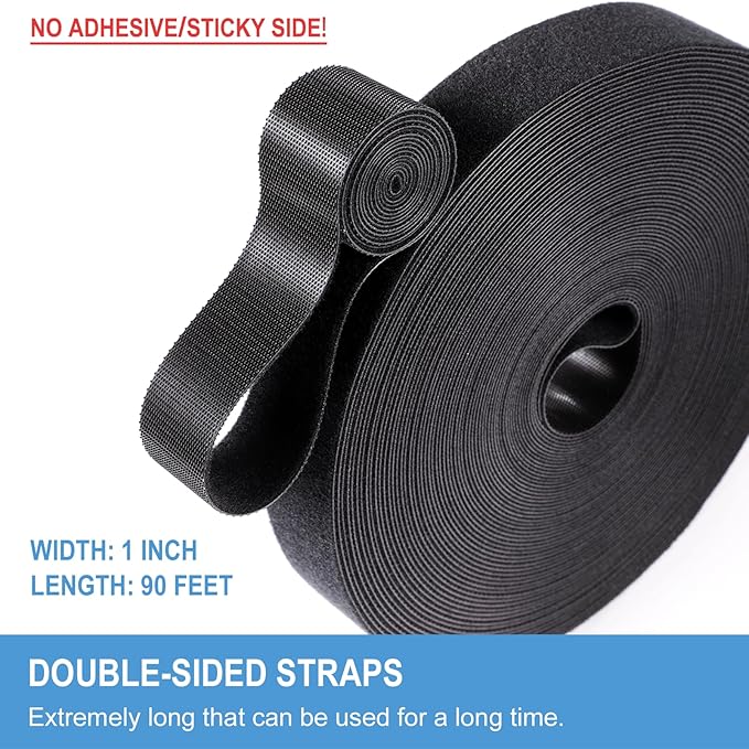 1 in x 90 ft Hook and Loop Roll | Double-Sided Strips, Self-Gripping Straps | Reusable Multi-Purpose Wrap Fasteners for Home, Office, Data Center, and More
