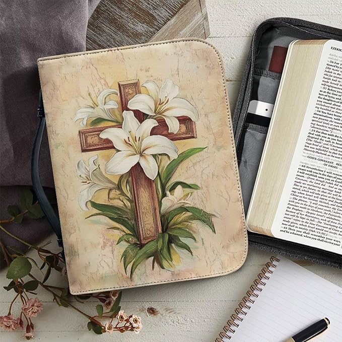 White Flower Print Bible Case,Cross Style Leather Bible Covers for Women,Bible Study Accessories Supplies,Book Protector Bible Case-Size：M