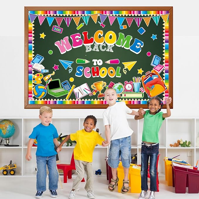 Justforjoyful Welcome Back to School Bulletin Board Decorations First Day of School Theme Classroom Bulletin Board Border Set Pencil Notebook Schoolbag Paper Cutouts Preschool Chalkboard Wall Decor