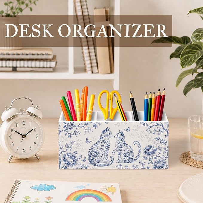 Blue Chinoiserie Cat Pen Pencil Holder for Desk, Cat Lover Gifts for Women, Cottagecore Botanical Floral Kitty Wooden Pencil Holder Organizer Desk Accessories Decor for Home Office Desk