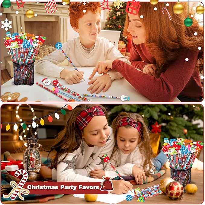 Christmas Pencils with Giant Eraser Assortment Christmas Themed Pencil Wooden Pencils for Christmas Party Supplies Xmas Stocking Stuffers, 12 Style (12)