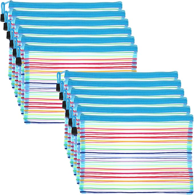 PATIKIL Mesh Zipper Pouch, 12 Pack Nylon A5 Size Pen Pencil Case Document Toiletry Cosmetic Makeup Zipper Travel Pouch Organizer for Office, Sky Blue