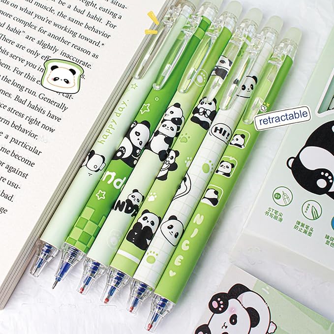 MOZXIRZ 6 Pcs Cute Erasable Retractable Pens Erasable Gel Ink Pens Cartoon Panda Pen 0.5mm Blue Ink Pen Cartoon Writing Pen Office School Supplies Women Girls Boys(Blue Ink-Panda)