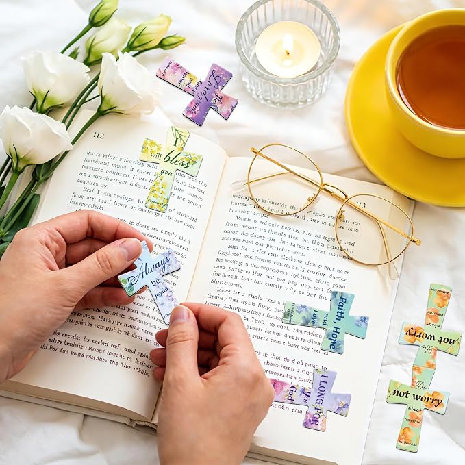 25Pack Magnetic Bookmarks Bulk Cross Bible Bookmark Christian Bookmarks for Women Men Kids Adults Teacher Book Lovers Gifts, Book Marks for Reading Religious Verses Magnet Bookmark Clips (Flower)