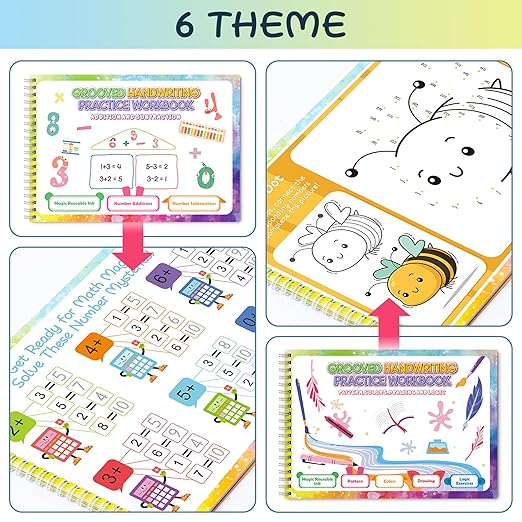 Magic Grooved Writing Practice Books, Grooved Handwriting Practice for Kids 3+, Preschool Learning Activities (6 Books with Pens)