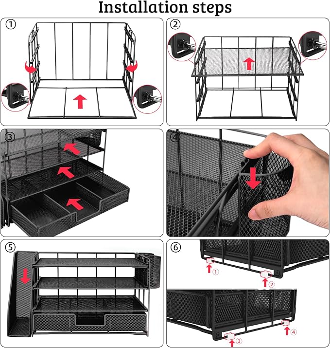 ATOMUS 4 Tier Desk Organizer, File Organizer Drawer Organizer with 2 Hanging Pen Holders Accessories & Workspace Organizers for Office Supplies Pull-Out Design (Black)