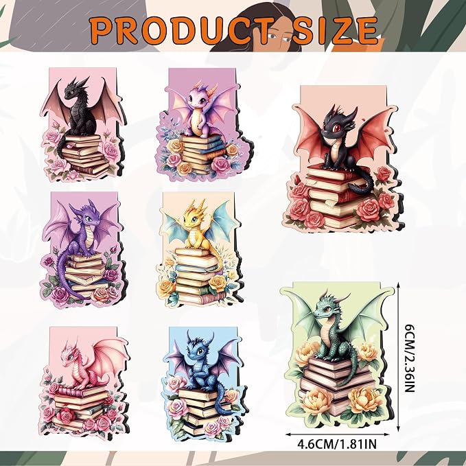 Wxiben Flower Dragon Magnetic Bookmark - 8 Pcs Dragon with Wings Bookmarks Magnetic Floral Animal Magnets Book Marks Page Clip Gift for Women Men Book Lovers Students Teacher Reading School Supplies