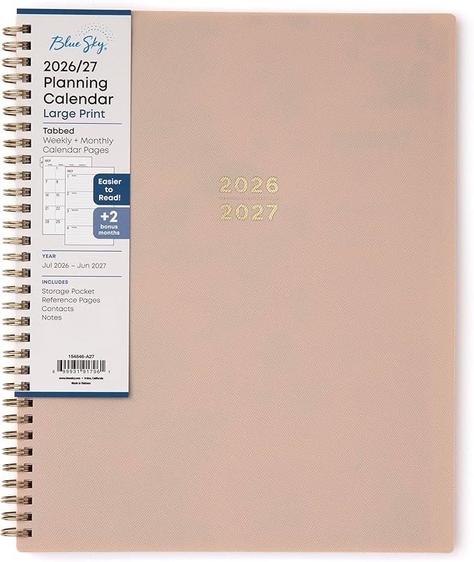 Blue Sky 2026-2027 Large Print Weekly and Monthly Academic Year Planner Calendar, July 2026 - June 2027, 8.5" x 11", Flexible Cover, Wirebound, Storage Pocket, Laminated Tabs, Sand