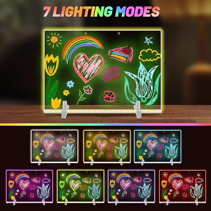 19 Highlighter,Led Note Board with Colors,11.8"X7.9",4 Modes & 7 Colors Lumiboard Led Drawing Board for Kids,Light Up Sign,Acrylic Dry Erase Board with Stand,Include Adapter,Hanging Chain,Spray Bottle