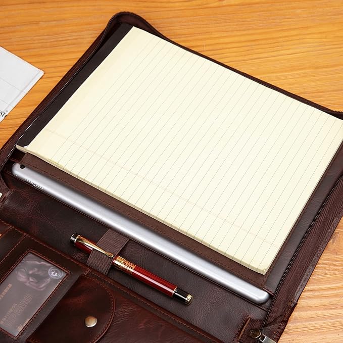 YIWEN Personalized Leather Portfolio, Zippered Padfolio Organizer Case, 8.5 x 11" Notepad Holder and 13" Tablet Folio, Professional Business Travel Gift for Women and Men (Dark Brown, Oil Wax Leather)
