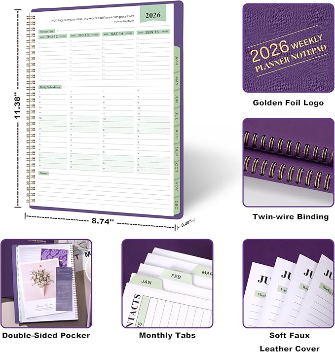 2026 Planner - Planner 2026 Weekly and Monthly, 11.38'' x 8.74'', 2026 Calendar Leather Planner, JAN 2026 - DEC 2026, Daily Hourly Appointment Book, To Do List, Monthly Tabs, Faux Soft Leather, Back Pockets - Purple