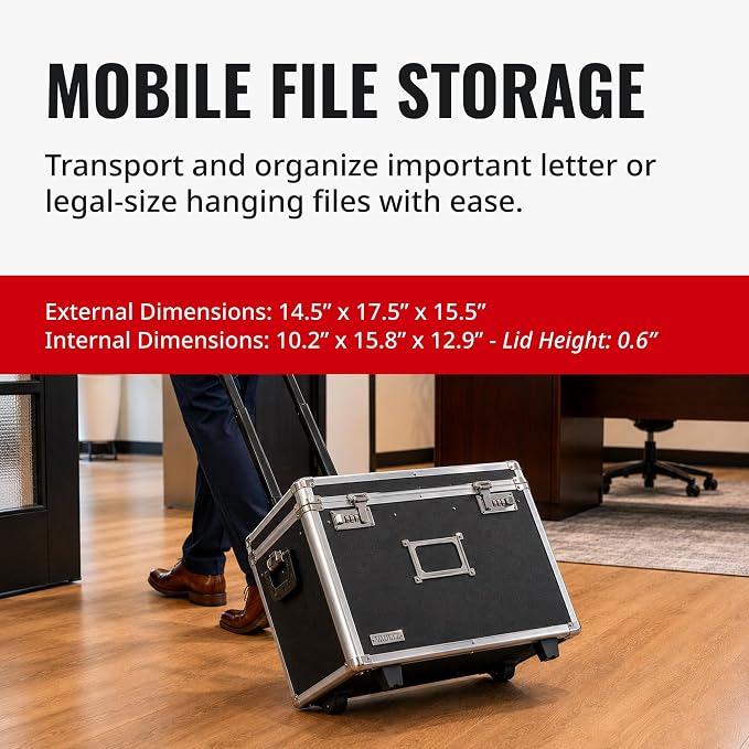 Vaultz Portable File Box with Handle - Dual Lock File Boxes with Lids, Letter & Legal-Size Hanging Folders, Laptop Sleeve - HIPAA Compliant Portable Safe Storage Box, 14.5" x 17.5" x 15.5"