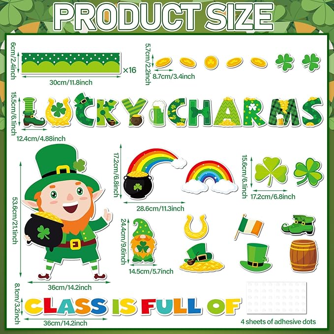 St. Patrick's Day Bulletin Board Set Lucky Shamrock Classroom Decoration Leprechaun Gold Coin Jar Bulletin Board Luck Shamrock Irish Clover Paper Cutouts for School Classroom Chalkboard Wall Decor